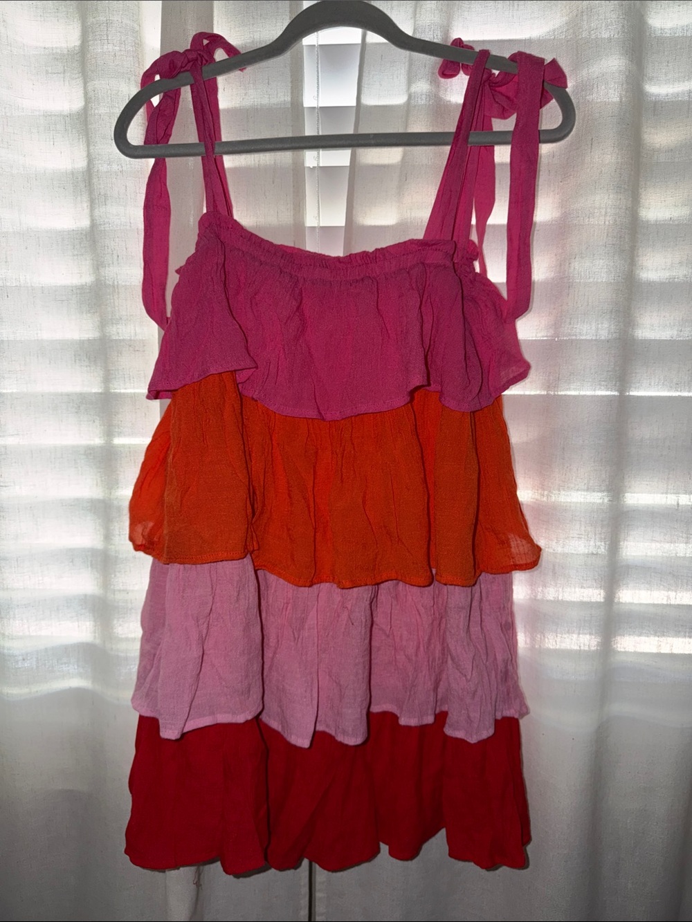 TCEC Pink Orange Tiered Ruffle Tie-Shoulder Tunic